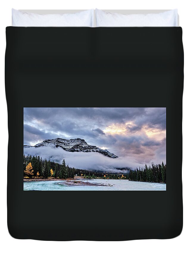Cloud Duvet Cover featuring the photograph Jasper Mountain In The Clouds by Carl Marceau