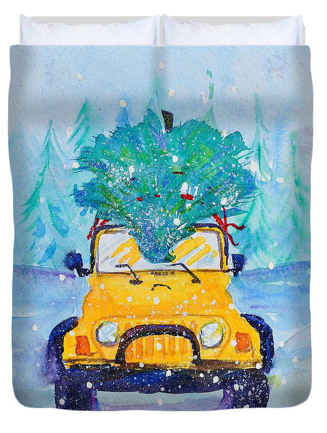 Jeep Duvet Cover featuring the painting Jeepers it's Christmas by Cheryl Prather