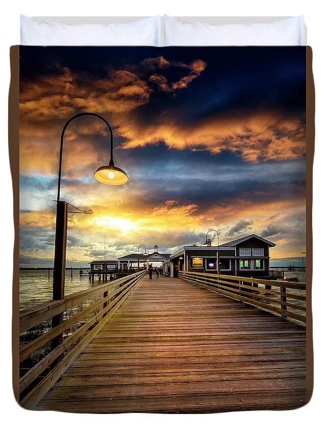 Clouds Duvet Cover featuring the photograph Jekyll Island Dock Lights Latitude 31 by Debra and Dave Vanderlaan