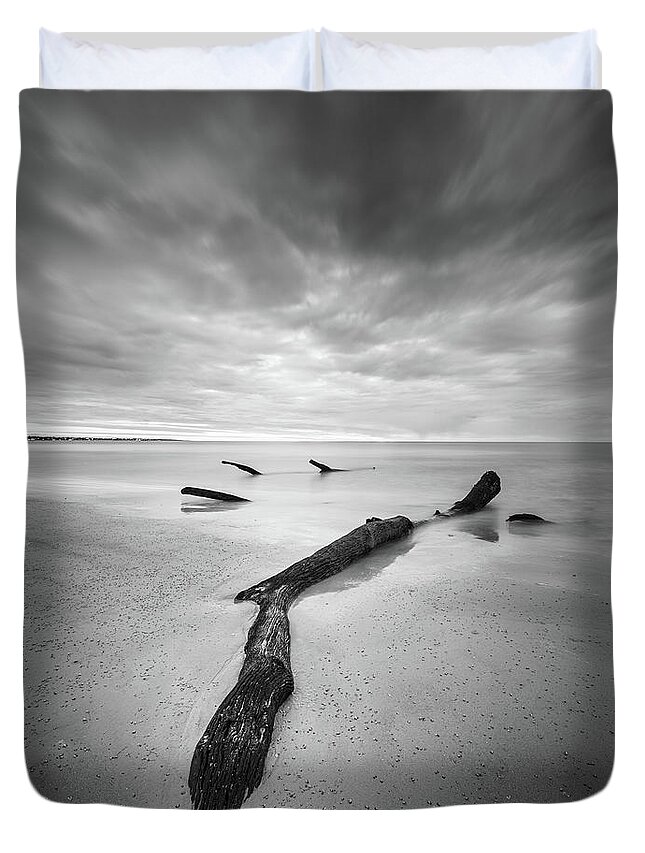 Driftwood Beach Duvet Cover featuring the photograph Jekyll Island Driftwood In Black And White by Jordan Hill