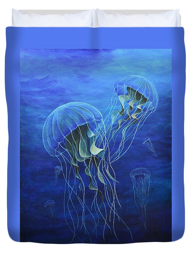 Jelly Fish Duvet Cover featuring the painting Jellies by Jimmy Chuck Smith