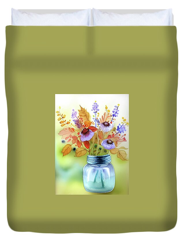 Wildflowers Duvet Cover featuring the digital art Jelly Jar Bouquet by Bonnie Bruno