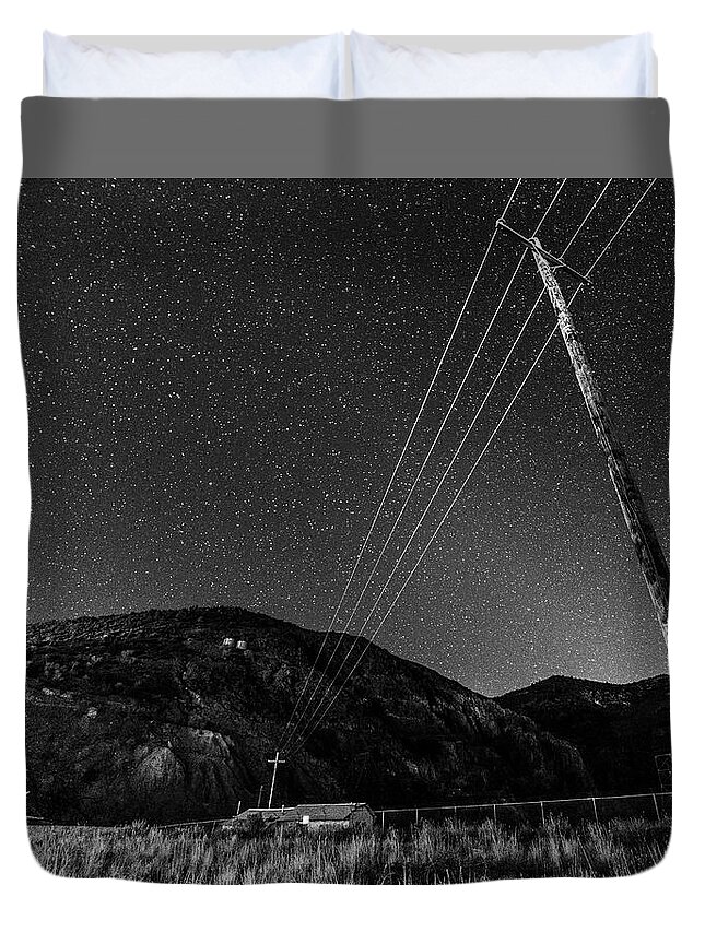 Jerome Duvet Cover featuring the photograph Jerome Arizona Ghost Town Starry Skies Mining Town Black and White by Toby McGuire