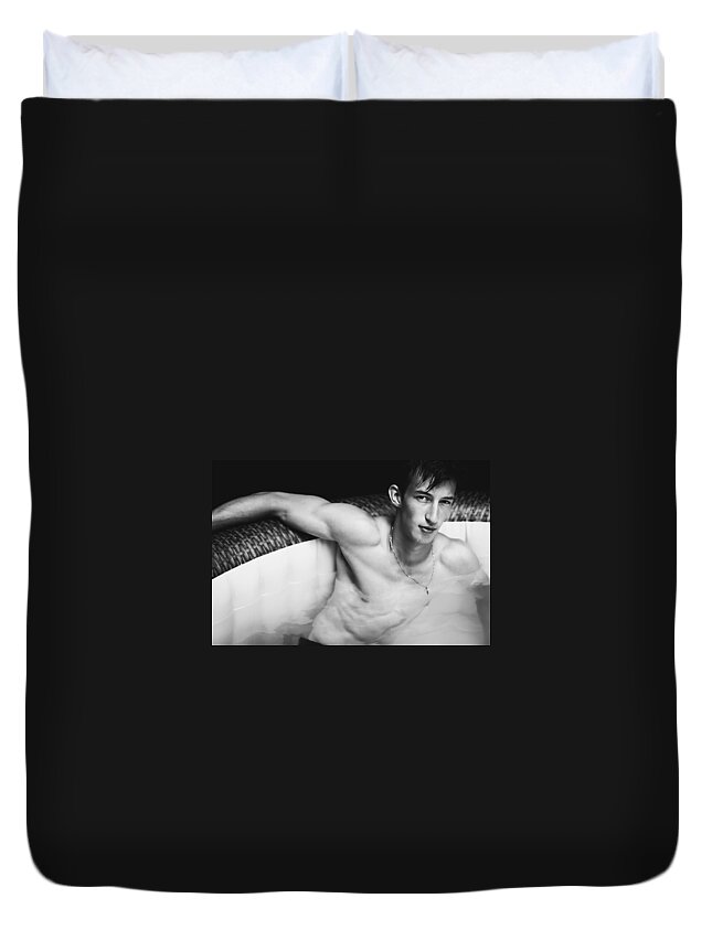 Jesse Duvet Cover featuring the photograph Jesse all wet in Black and White by Jim Whitley