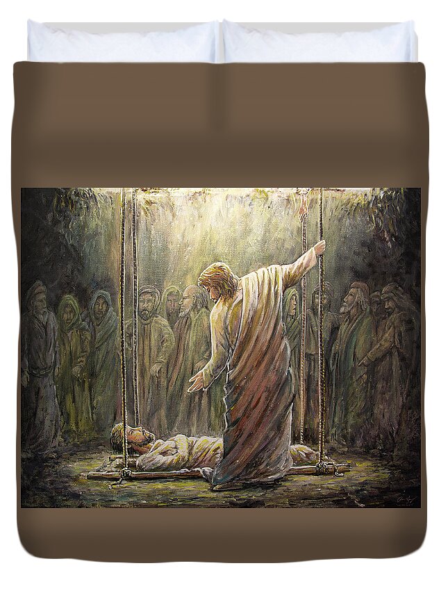 Jesus Duvet Cover featuring the painting Jesus Heals a Paralyzed Man by Aaron Spong