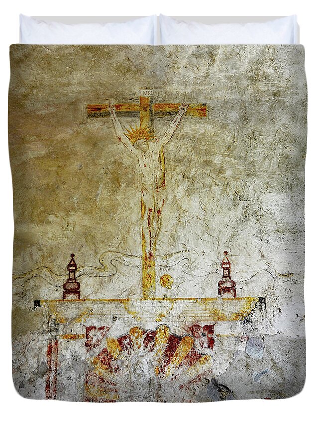 Jesus On The Cross Duvet Cover featuring the photograph Jesus on the Cross Fresco by Ben Prepelka