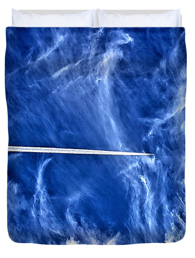 Jet Streaks Duvet Cover featuring the photograph Jet Streaks Across Blue Sky by David Zumsteg