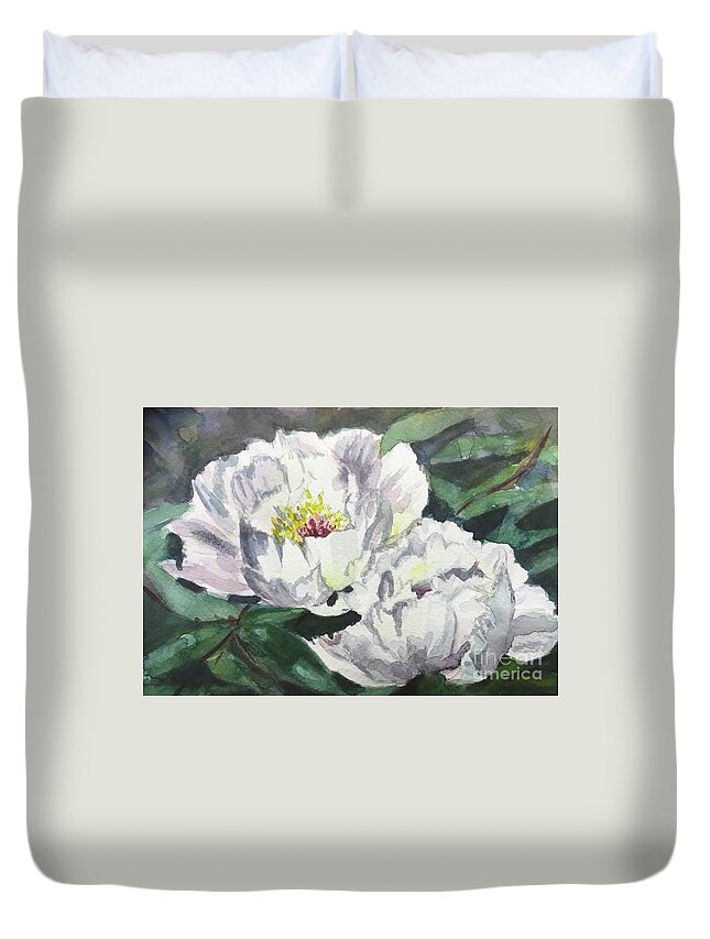 Peony Duvet Cover featuring the painting Jewel of a Peony by Sonia Mocnik