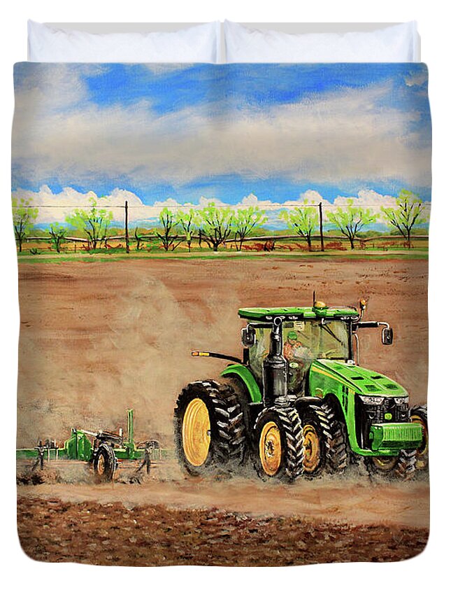 Farming Duvet Cover featuring the painting John Deere 8345R Tractor Pulling a Cultivator by Karl Wagner