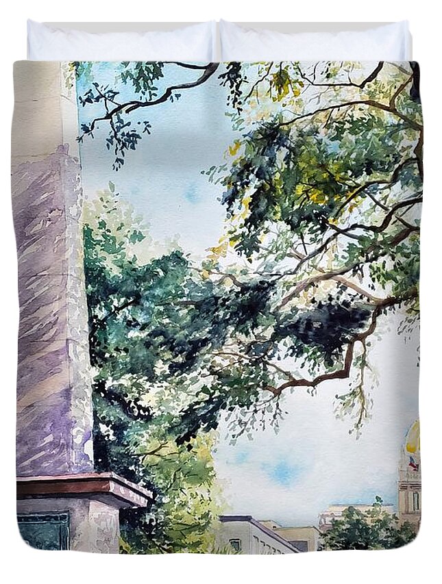 Georgia Duvet Cover featuring the painting Johnson Square, Savannah GA by Merana Cadorette