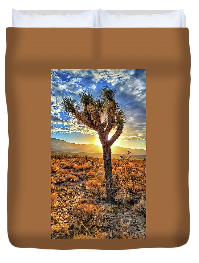 Sunset Duvet Cover featuring the photograph Joshua Tree Sun Blast by Chris Casas