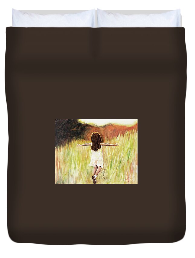 Joy Girl Running Field Sunshine Happy Joyful Peaceful Daughter Free Duvet Cover featuring the painting Joy by Pamela Schwartz