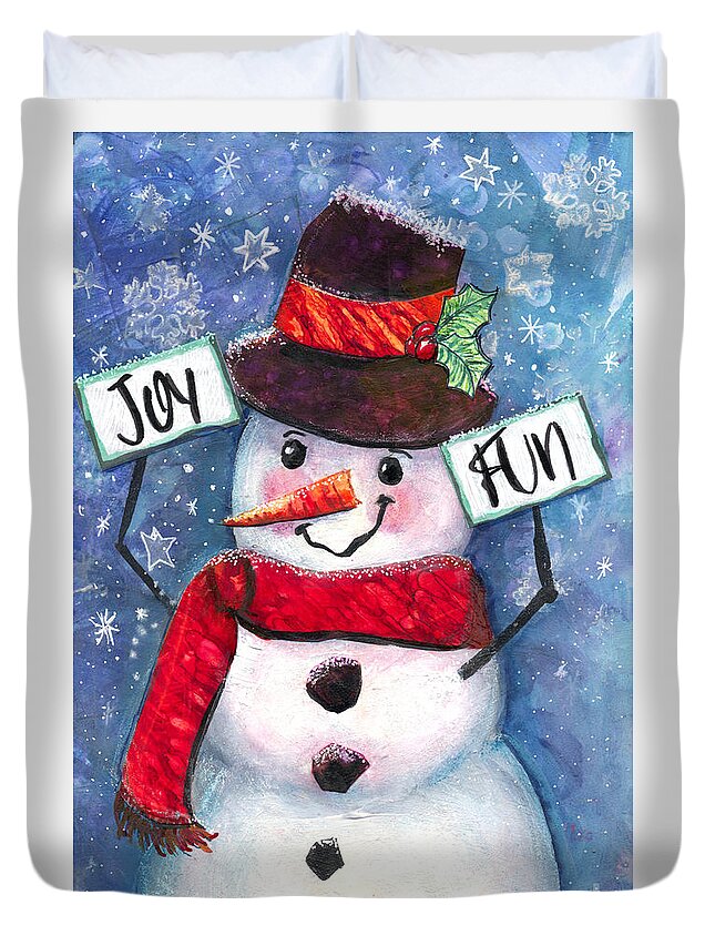 Snowman Duvet Cover featuring the mixed media Joyful and Fun Snowman by Francine Dufour Jones