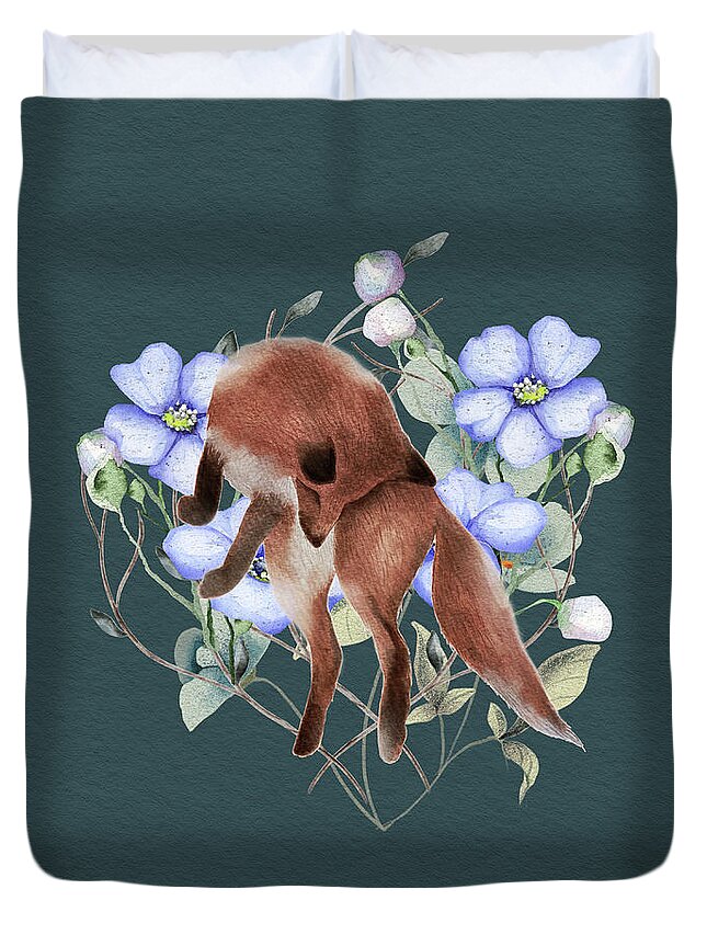 Fox Duvet Cover featuring the painting Jumping Fox With Flowers by Garden Of Delights
