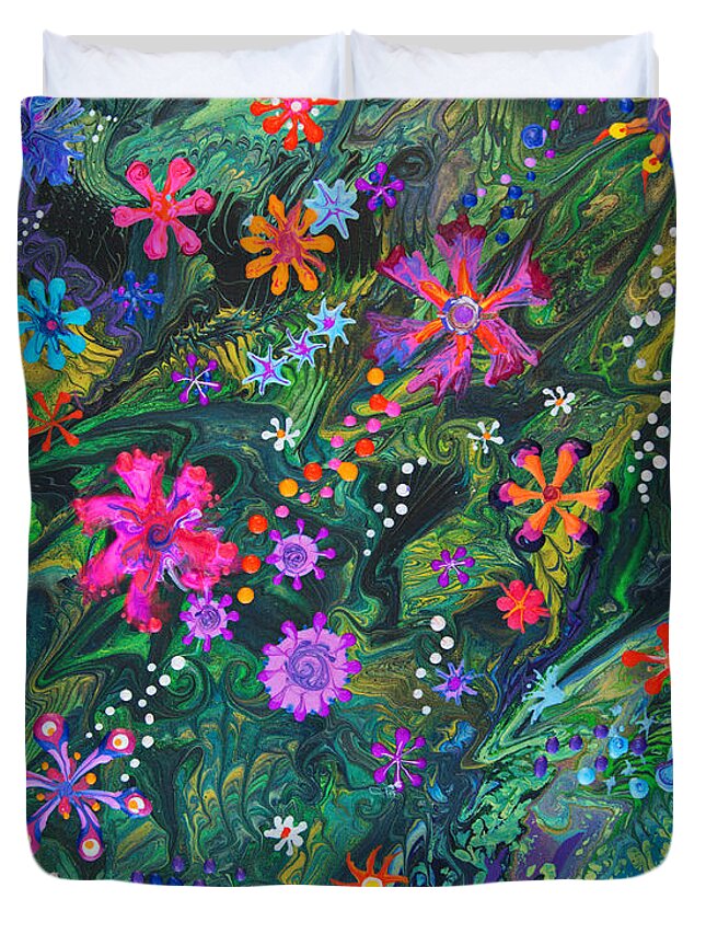 Flowers Floral Lush Tropical Organic Colorful Vibrant Dramatic Fun Duvet Cover featuring the painting Jungle Seduction 7022 B by Priscilla Batzell Expressionist Art Studio Gallery