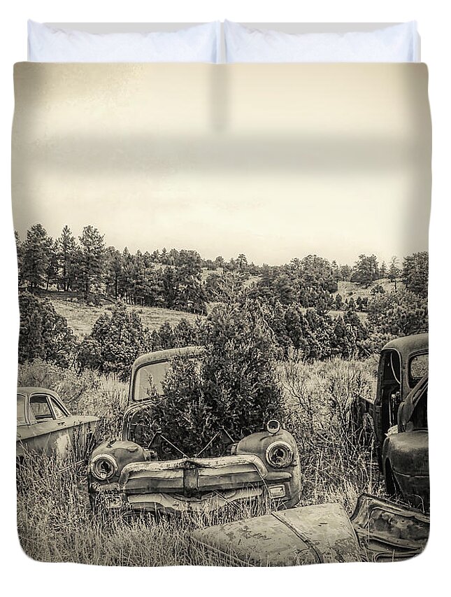 Junked Trucks Duvet Cover featuring the photograph Junked Pickups Pine trees by Cathy Anderson
