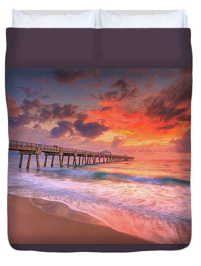 Juno Beach Pier Duvet Cover featuring the photograph Juno Beach Pier Sunrise after the Storm by Kim Seng
