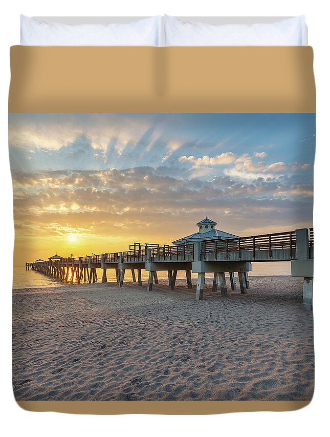 Juno Beach Pier Duvet Cover featuring the photograph Juno Beach Pier Sunrise from Beach by Kim Seng