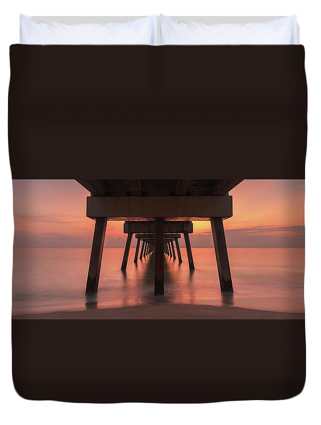 Juno Beach Pier Duvet Cover featuring the photograph Juno Pier Sunrise Pink Panorama by Kim Seng
