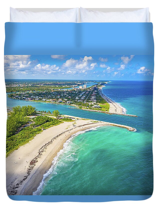 Jupiter Inlet Duvet Cover featuring the photograph Jupiter Beach Florida Aerial Inlet Waterfront Property Condo Dub by Kim Seng