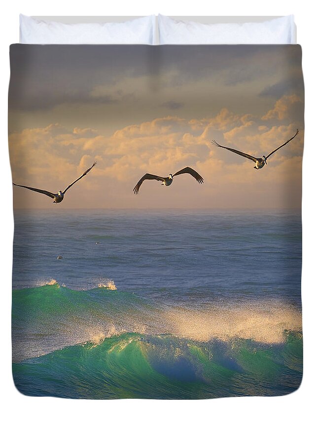Jupiter Inlet Duvet Cover featuring the photograph Jupiter Inlet Lighthouse Early Morning Ocean Wave Pelican by Kim Seng
