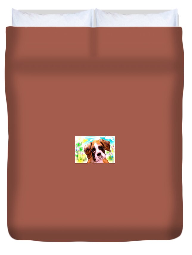Pencil Sketched Boxer Puppy Resting After A Romp In The Meadow. Duvet Cover featuring the mixed media Just another Blossom. by Pamela Calhoun