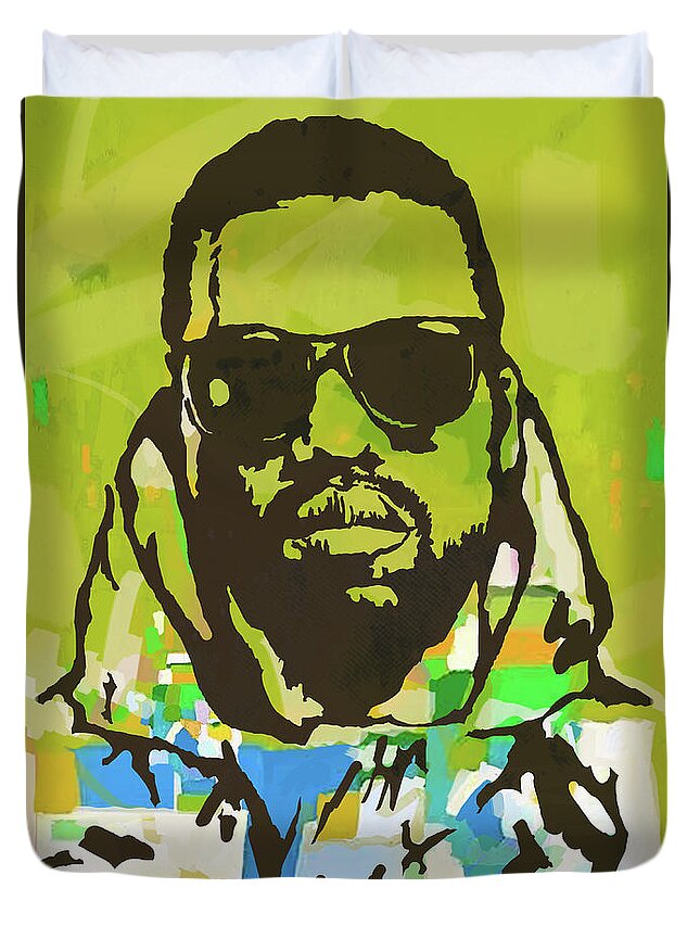 Kanye West Net Worth: Kanye West Is An American Producer Duvet Cover featuring the mixed media KANYE WEST NET WORTH - Pop Art Poster by Kim Wang