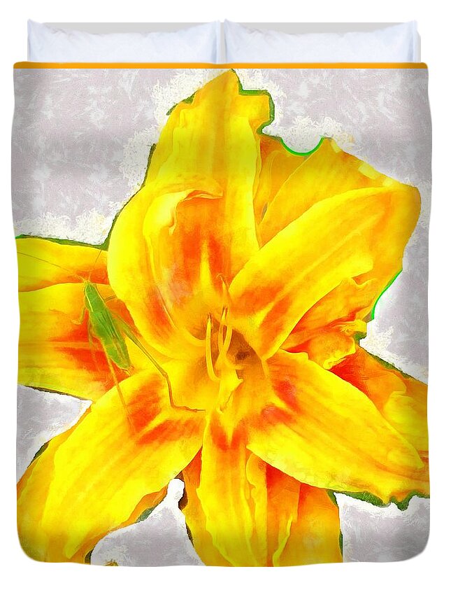 Katydid Duvet Cover featuring the mixed media Katydid on Daylily by Christopher Reed