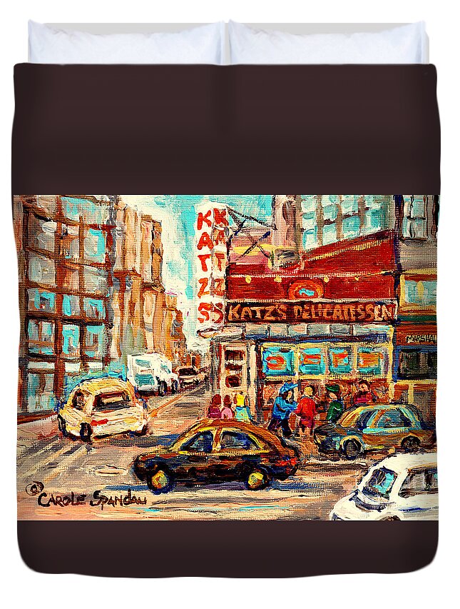 Katz's Deli Duvet Cover featuring the painting Katzs Delicatessen Famous New York Sandwich Shops Paintings Best Manhattan Eateries C Spandau Artist by Carole Spandau