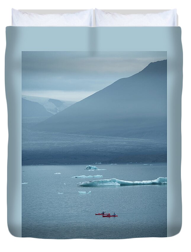 Travel Duvet Cover featuring the photograph Kayakers at Jokulsarlon by Kristia Adams