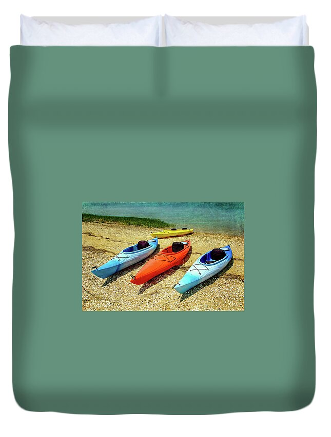 Kayaks Duvet Cover featuring the photograph Kayaks On The Shore by Cathy Kovarik