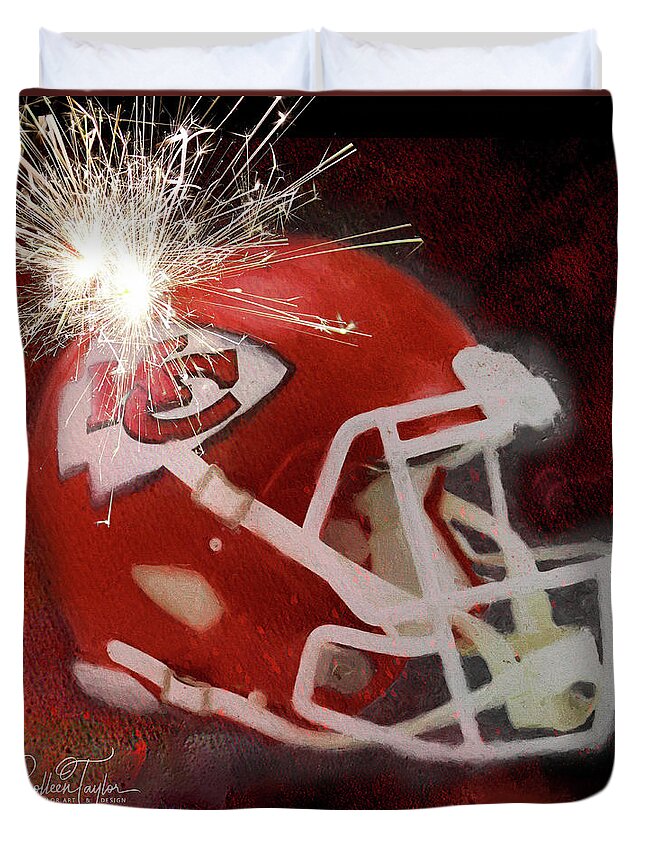 Kansas City Chiefs Helmet Duvet Cover featuring the mixed media KC Chiefs Super Bowl Champs no text by Colleen Taylor