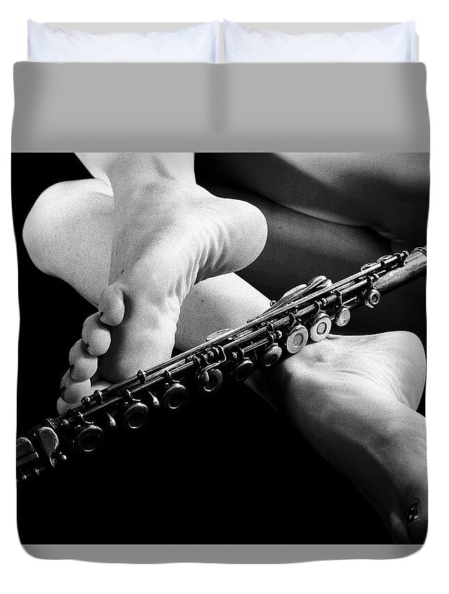 Music Flute Nude Black White Grain Duvet Cover featuring the photograph Kebv0102 by Henry Butz