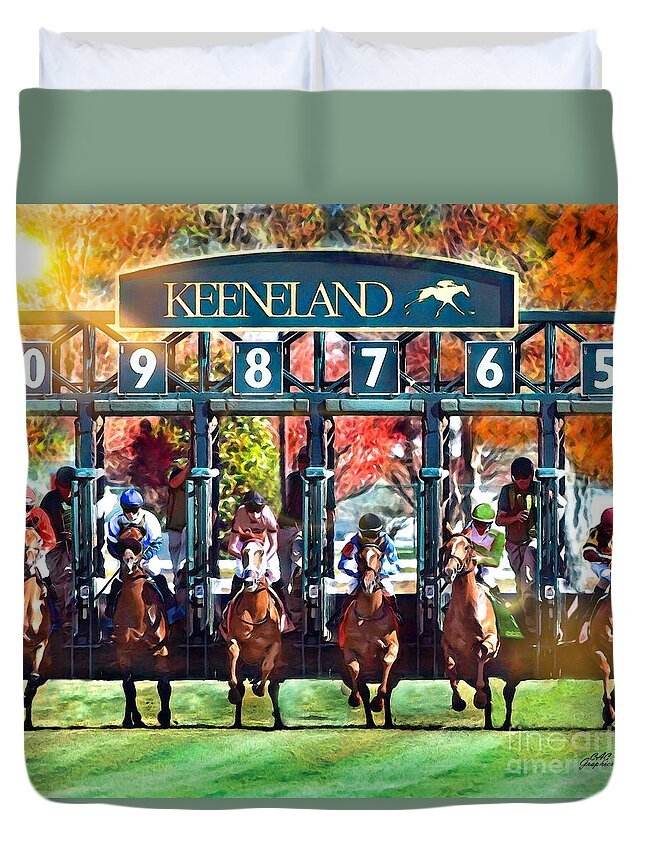 Keeneland Duvet Cover featuring the digital art Keeneland Fall Starting Gate by CAC Graphics