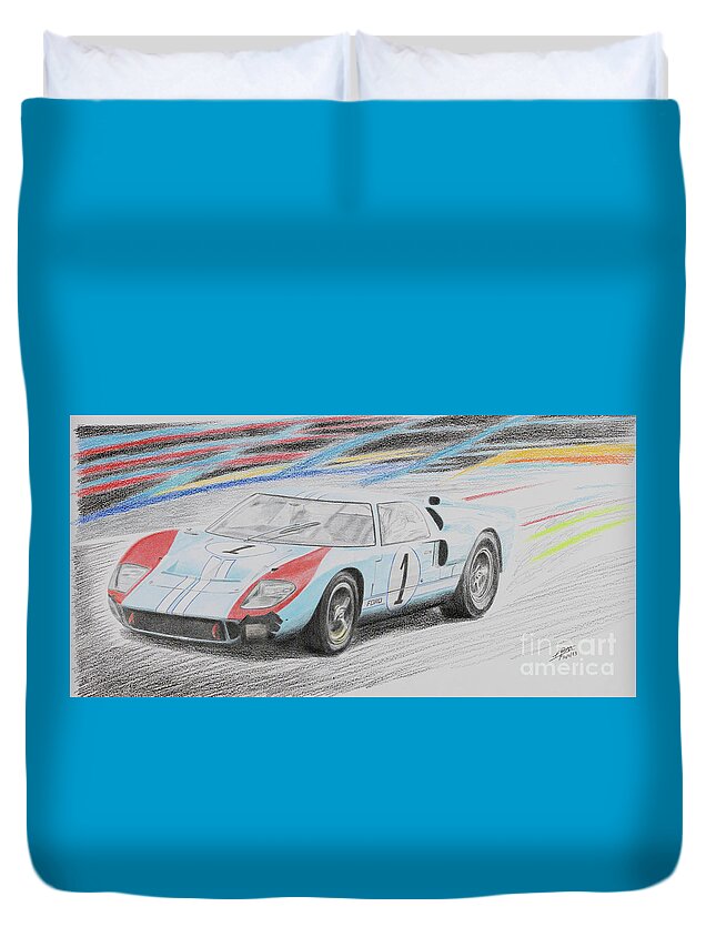 Ken Miles Duvet Cover featuring the drawing Ken Miles' Ford GT40 Le Mans 1966 by Lorenzo Benetton