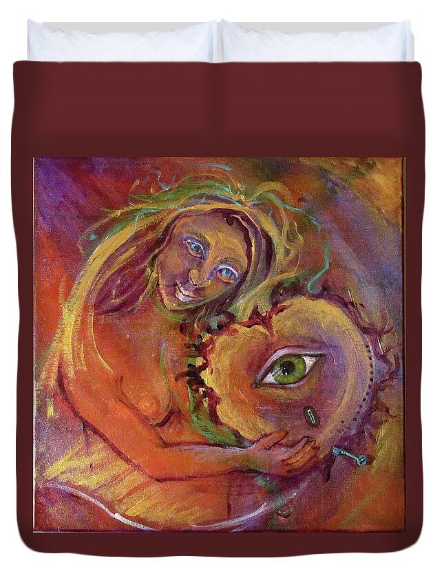 Hearts Duvet Cover featuring the painting Keys to Healing Broken Hearts Speaking to our Heart by Feather Redfox