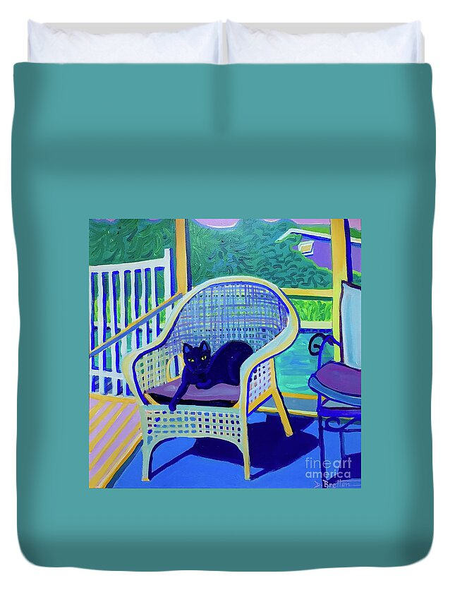Black Cat Duvet Cover featuring the painting King Louis in the Screened Porch by Debra Bretton Robinson