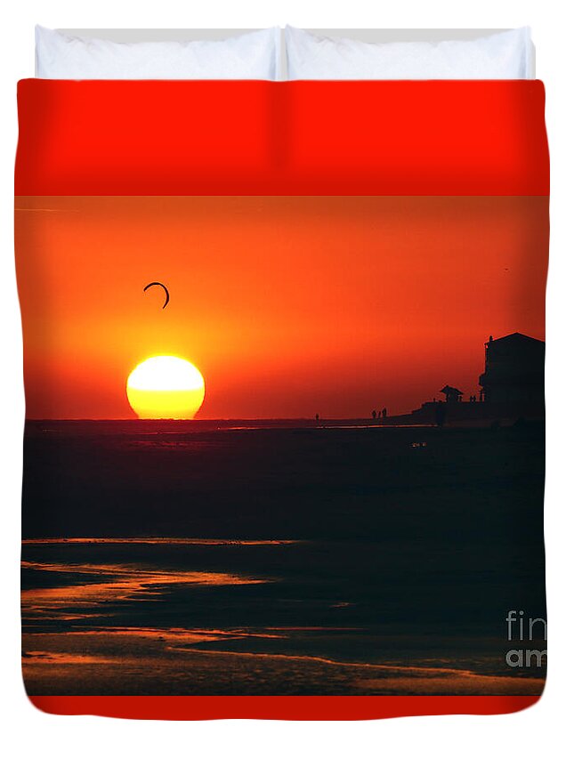 Sunset Duvet Cover featuring the photograph Kitesurfing la Playa de la Costilla by fototaker Tony