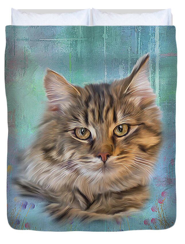 Tiger Kitty Duvet Cover featuring the digital art Kitty in Flower Field by Mary Timman