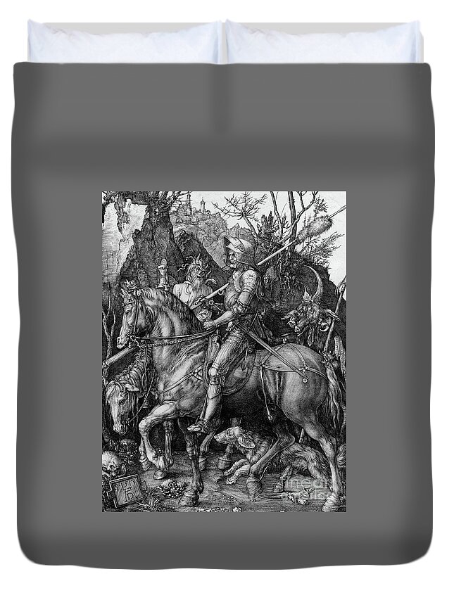 Knight Duvet Cover featuring the drawing Knight, Death and the Devil, 1513 engraving by Albrecht Durer by Albrecht Durer