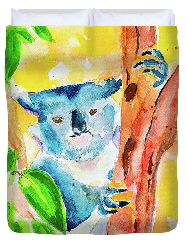 Koala Duvet Cover featuring the painting Koala - Clinging for Life by Bonny Puckett