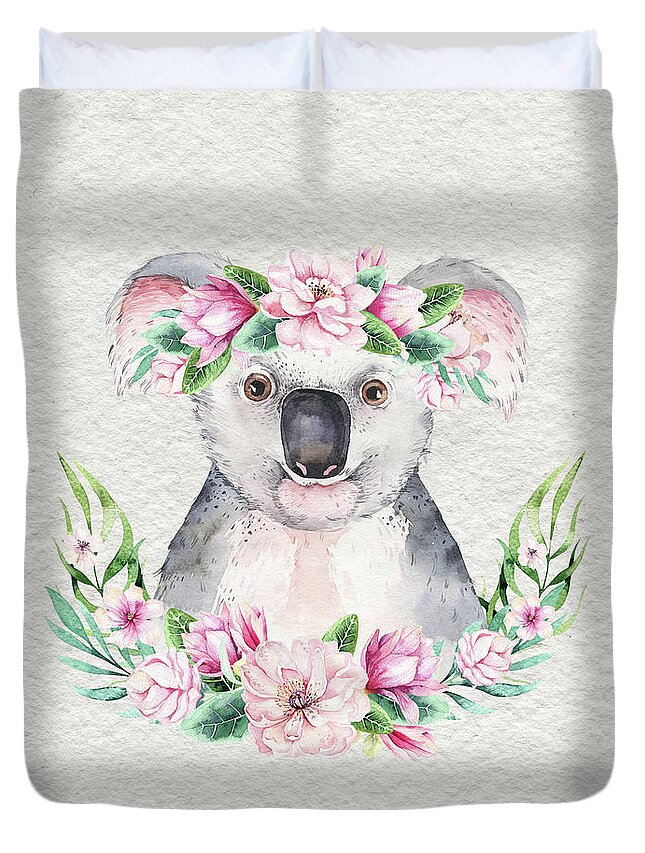 Koala Duvet Cover featuring the painting Koala With Flowers by Nursery Art