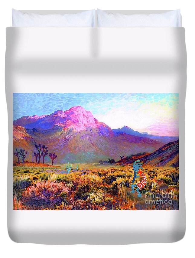 Spiritual Duvet Cover featuring the painting Kokopelli Dawn by Jane Small