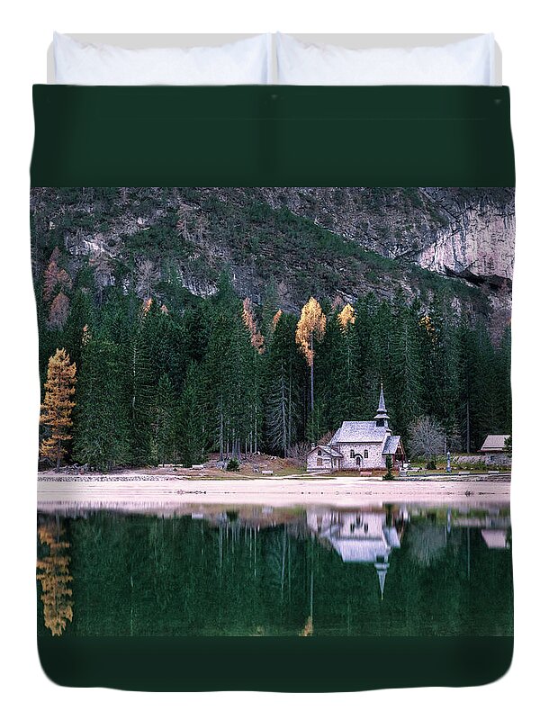 Lago Di Braies Duvet Cover featuring the photograph La cappella di lago Braies by Elias Pentikis