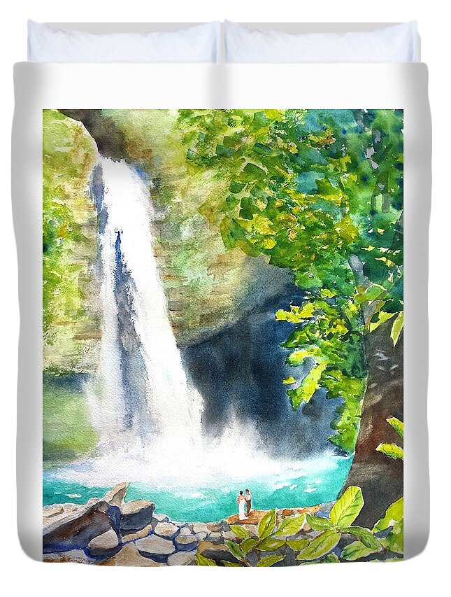 Waterfall Duvet Cover featuring the painting La Fortuna Waterfall by Carlin Blahnik CarlinArtWatercolor