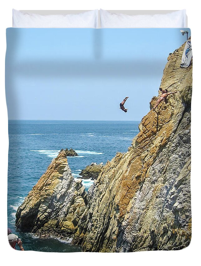 Acapulco Duvet Cover featuring the photograph La Quebrada Cliff Divers 4 by Tatiana Travelways