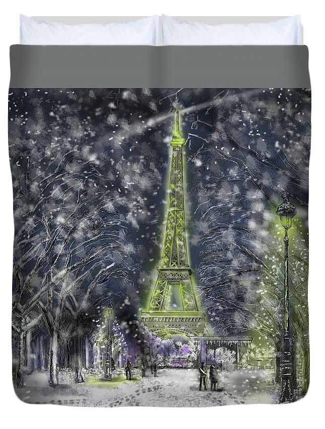 #paris #eiffeltoweratwinter #corelpainter2016 Duvet Cover featuring the digital art La Tour Eiffel du Hivre le minuit by Rob Hartman
