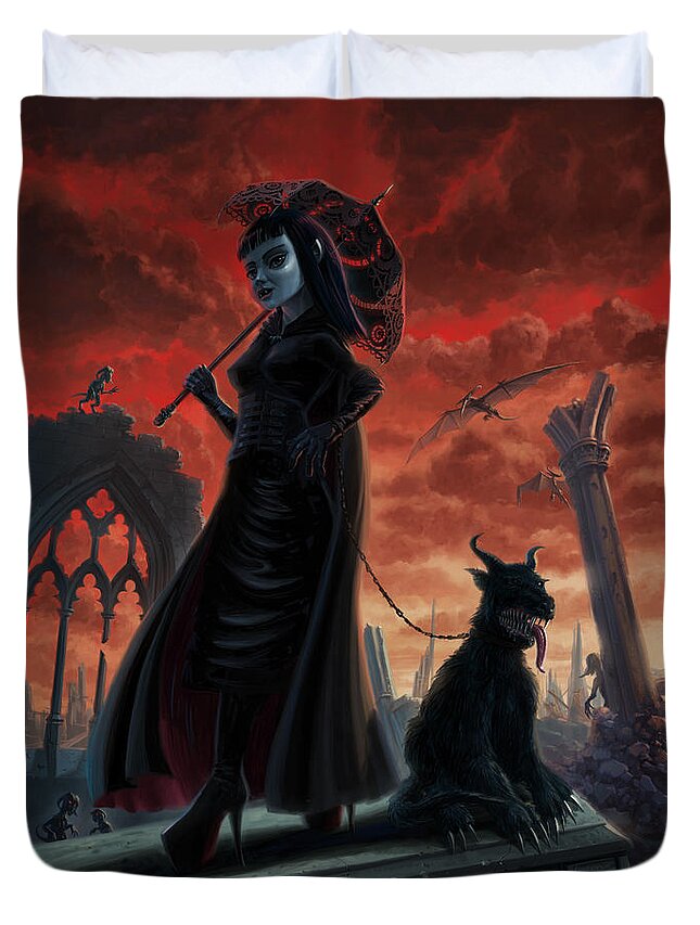 Vampire Duvet Cover featuring the digital art Lady gothic vampire with pet during apocalypse by Martin Davey