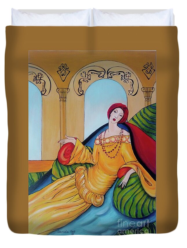 Lady Duvet Cover featuring the painting Lady in Pillows by Leonida Arte