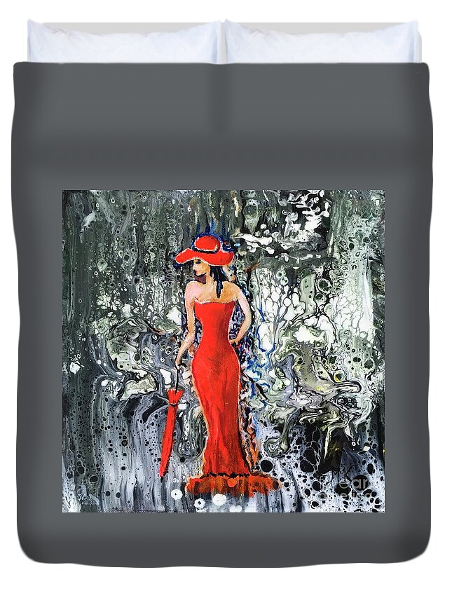 Lady Duvet Cover featuring the painting Lady in red 2 by Maria Karlosak